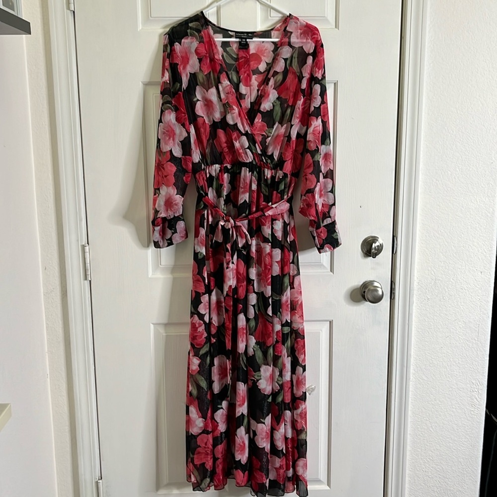 Alexa B Nites Womens Red Black Floral Long Sleeve Belted Maxi Dress Size 14W